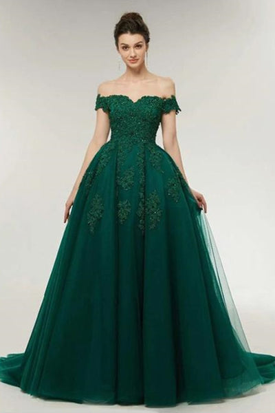Off the Shoulder Dark Green Lace Long Prom Dress, Off Shoulder Dark Green Formal Dress, Green Lace Evening Dress