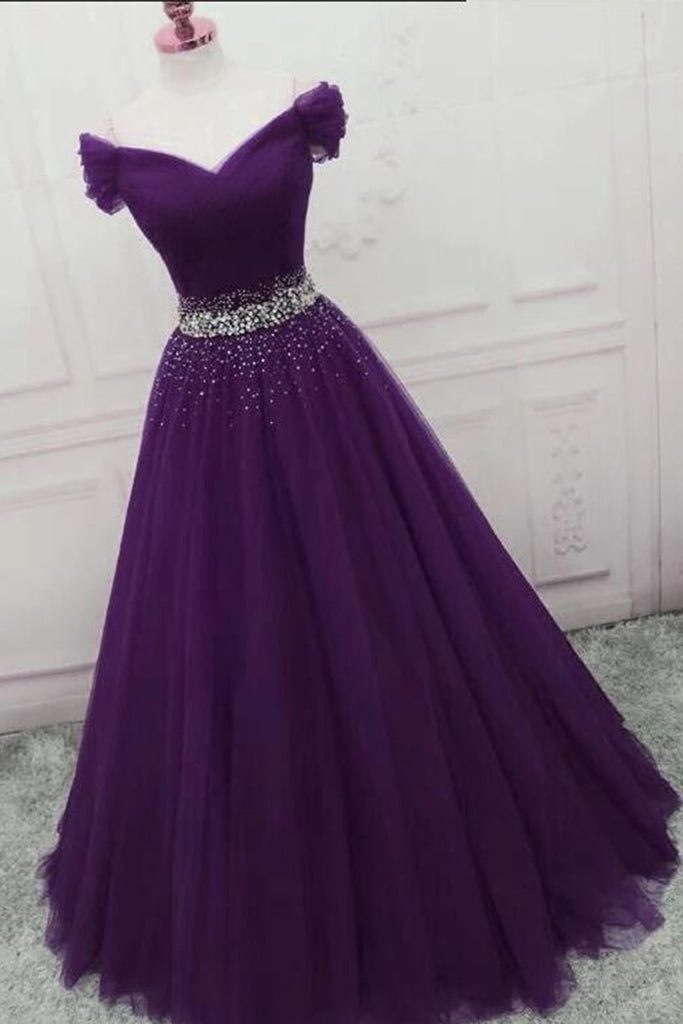 Off the Shoulder Dark Purple Long Prom Dress with Beadings, Off Shoulder Purple Formal Graduation Evening Dress