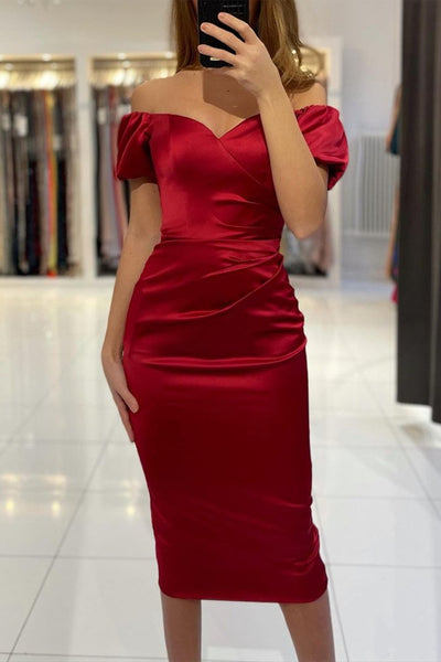 Off the Shoulder Mermaid Tea Length Burgundy Prom Dress, Off Shoulder Wine Red Formal Evening Homecoming Dress