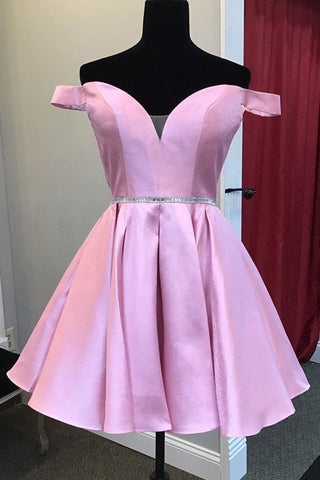 Off the Shoulder Pink Satin Short Prom Homecoming Dress with Belt, Off Shoulder Pink Formal Graduation Evening Dress A1603