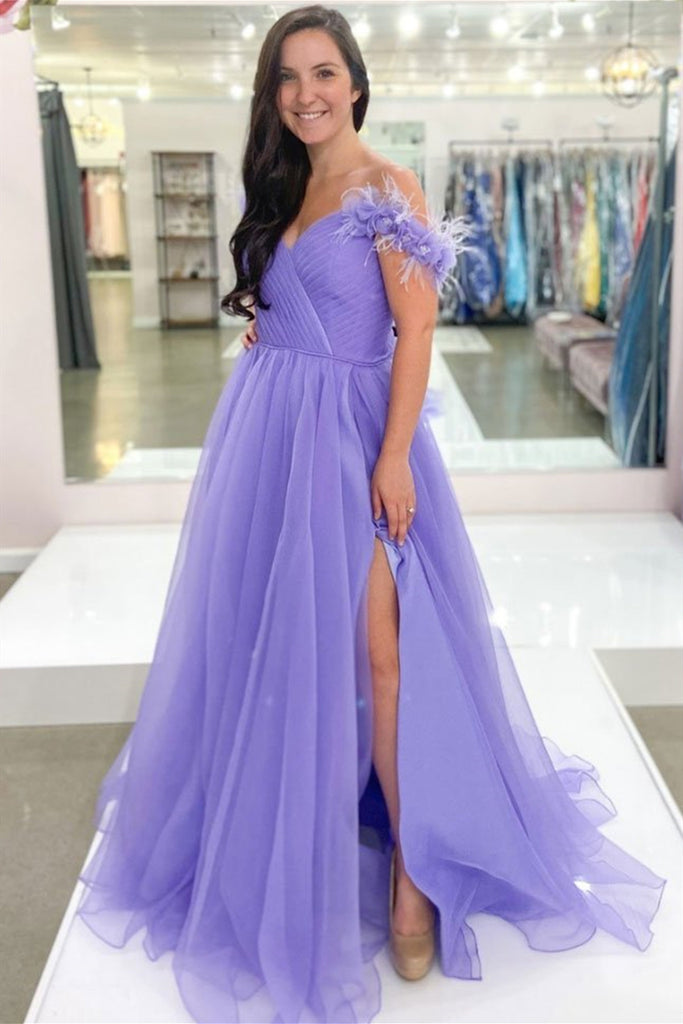 Off the Shoulder Purple Long Prom Dress with Slit, Off Shoulder Lilac Formal Evening Dress