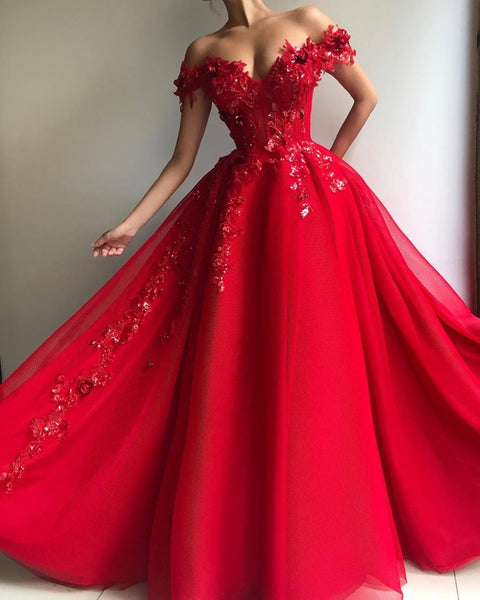 Off the Shoulder Red Lace Floral Long Prom Dress, Long Off Shoulder Red Lace Formal Evening Dress
