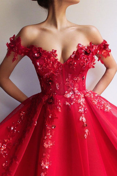 Off the Shoulder Red Lace Floral Long Prom Dress, Long Off Shoulder Red Lace Formal Evening Dress