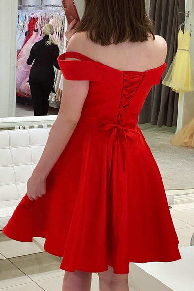 Off the Shoulder Red Satin Short Prom Homecoming Dress, Off Shoulder Red Formal Graduation Evening Dress A1594
