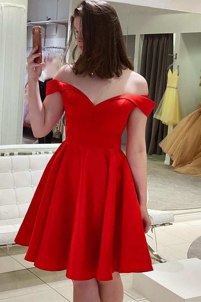 Off the Shoulder Red Satin Short Prom Homecoming Dress, Off Shoulder Red Formal Graduation Evening Dress A1594