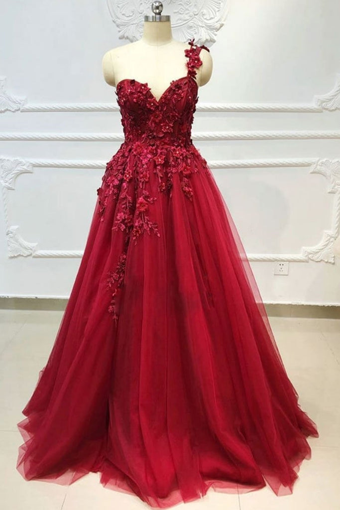 One Shoulder 3D Floral Burgundy Lace Long Prom Dress, Burgundy Lace Ap abcprom One Shoulder 3D Floral Burgundy Lace Long Prom Dress, Burgundy Lace Ap abcprom