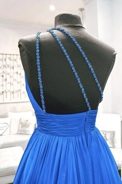 One Shoulder Backless Blue Chiffon Long Prom Dress, Beaded Blue Long Formal Evening Dress
