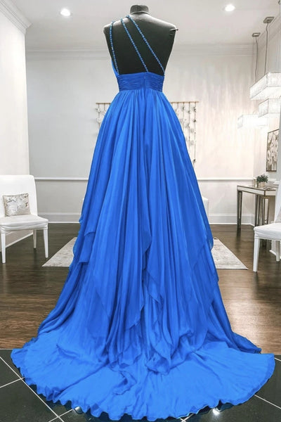 One Shoulder Backless Blue Chiffon Long Prom Dress, Beaded Blue Long Formal Evening Dress