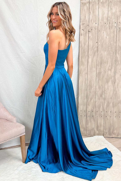 One Shoulder Blue Satin Long Prom Dress with High Slit, One Shoulder Blue Formal Graduation Evening Dress A1776