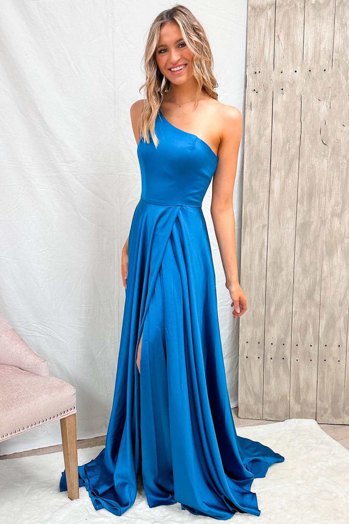 OneShoulderBlueSatinLongPromDr
