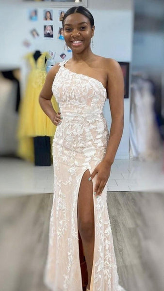 One Shoulder Champagne Tulle Lace Long Prom Dress with High Slit, Champagne Lace Formal Graduation Evening Dress A1489
