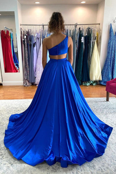 One Shoulder High Low Blue Satin Long Prom Dress, One Shoulder Blue Formal Dress, Blue Evening Dress A1386