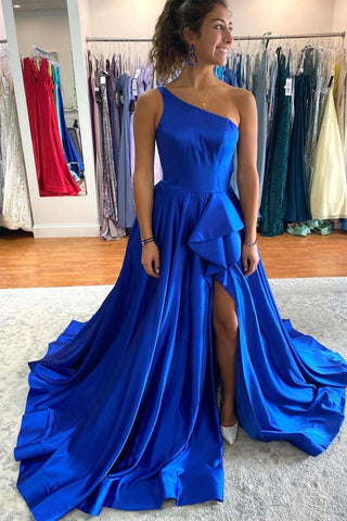 One Shoulder High Low Blue Satin Long Prom Dress, One Shoulder Blue Formal Dress, Blue Evening Dress A1386