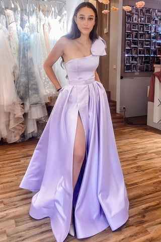 One Shoulder High Slit Purple Satin Long Prom Dress with High Slit, One Shoulder Purple Formal Graduation Evening Dress