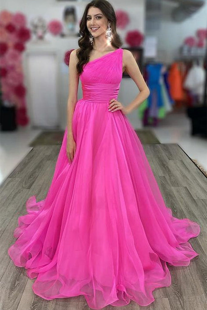 One Shoulder Hot Pink Tulle Long Prom Dress, Hot Pink Formal Graduatio abcprom One Shoulder Hot Pink Tulle Long Prom Dress, Hot Pink Formal Graduatio abcprom