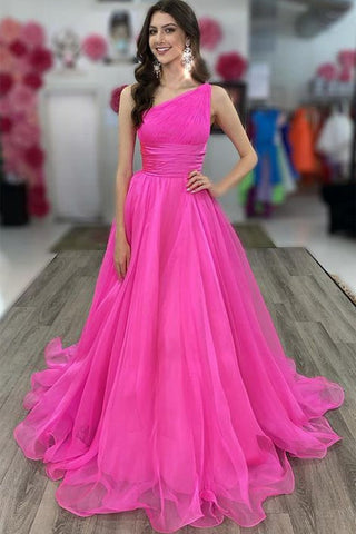 One Shoulder Hot Pink Tulle Long Prom Dress, Hot Pink Formal Graduation Evening Dress A1430