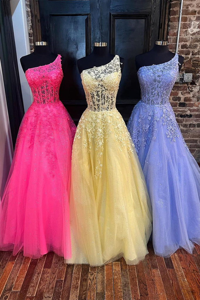 One Shoulder Hot Pink/Yellow/Lilac Lace Long Prom Dress, Hot Pink/Yell abcprom One Shoulder Hot Pink/Yellow/Lilac Lace Long Prom Dress, Hot Pink/Yell abcprom