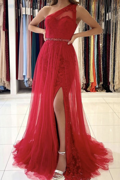 One Shoulder Mermaid Red Lace Long Prom Dress, Mermaid Red Formal Dress, Red Lace Evening Dress
