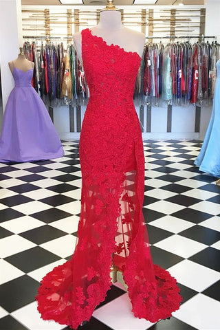 One Shoulder Mermaid Red Lace Long Prom Dresses with High Slit, Mermaid Red Formal Dresses, Red Lace Evening Dresses A1272