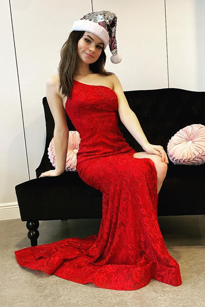 One Shoulder Mermaid Red Lace Long Prom Dress with High Slit, Mermaid abcprom One Shoulder Mermaid Red Lace Long Prom Dress with High Slit, Mermaid abcprom