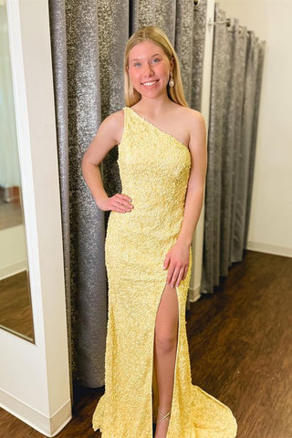 One Shoulder Mermaid Yellow Long Prom Dresses, Mermaid Yellow Formal Dresses, Yellow Evening Dresses A1848