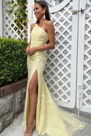 One Shoulder Mermaid Yellow Tulle Lace Long Prom Dress with High Slit, One Shoulder Yellow Formal Dress, Yellow Lace Evening Dress A1450