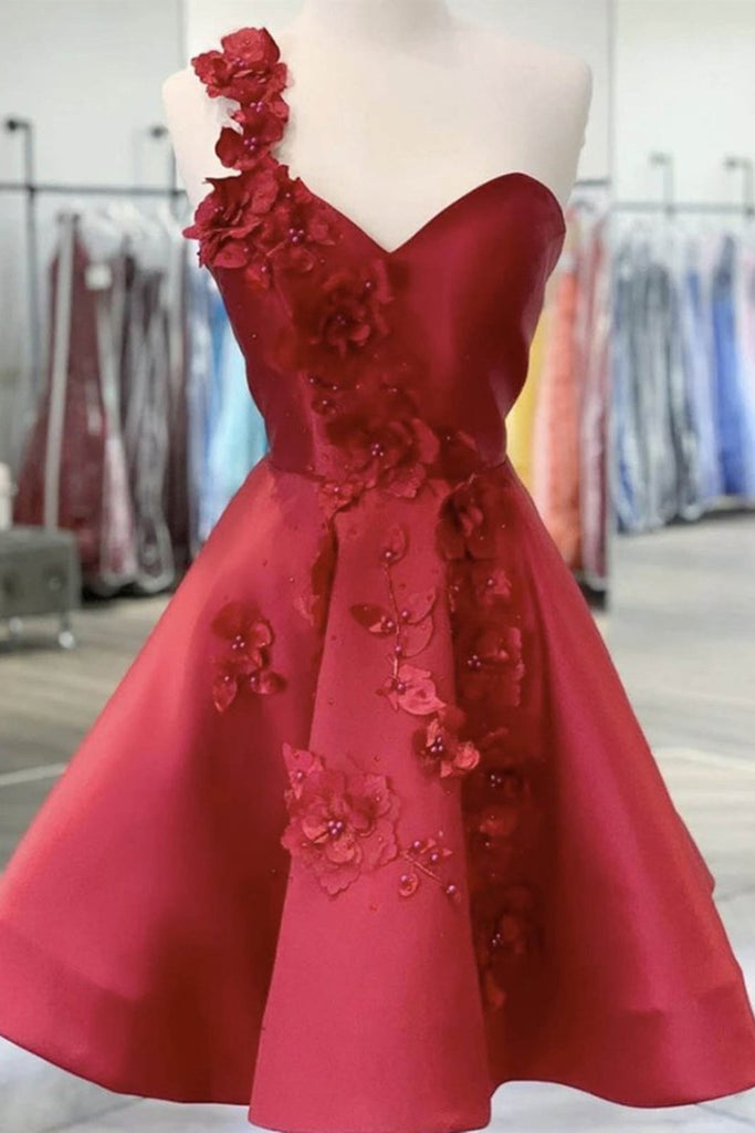 One Shoulder Open Back Burgundy Floral Short Prom Dress, Wine Red Floral Formal Evening Homecoming Dress