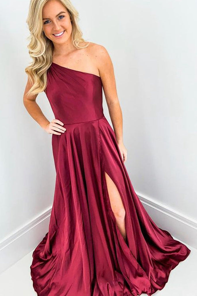 One Shoulder Open Back Burgundy Long Prom Dress with High Slit, Beaded abcprom One Shoulder Open Back Burgundy Long Prom Dress with High Slit, Beaded abcprom