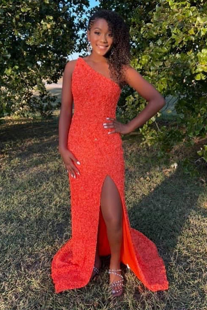 One Shoulder Open Back Mermaid Orange Sequins Long Prom Dress, One Shoulder  Orange Formal Dress, Mermaid Orange Evening Dress A1360