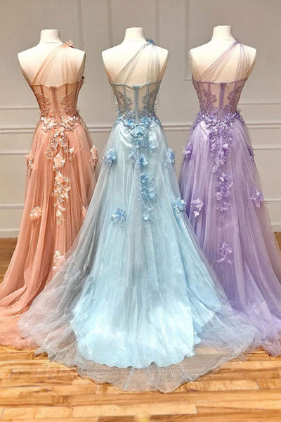 One Shoulder Pink/Blue/Purple Floral Long Prom Dresses, Pink/Blue/Purple Formal Graduation Evening Dress A1671