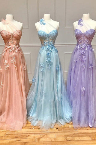 One Shoulder Pink/Blue/Purple Floral Long Prom Dresses, Pink/Blue/Purple Formal Graduation Evening Dress A1671