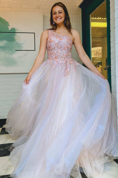 One Shoulder Pink Lace Floral Long Prom Dress, Pink Formal Evening Dress with Lace Appliques A1803