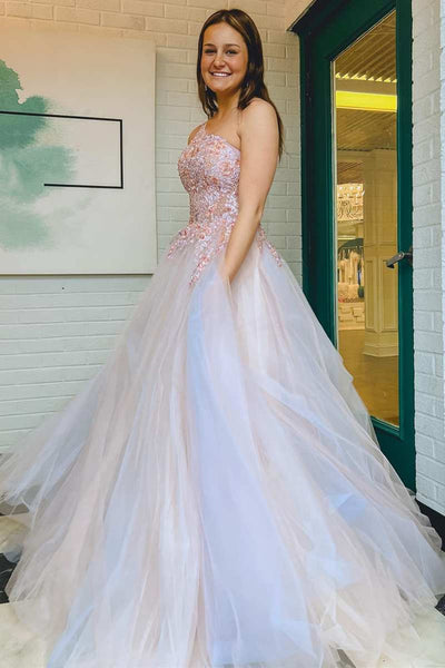 One Shoulder Pink Lace Floral Long Prom Dress, Pink Formal Evening Dress with Lace Appliques A1803
