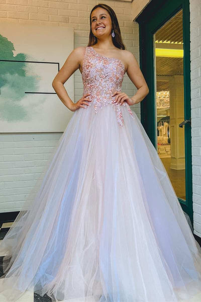 One Shoulder Pink Lace Floral Long Prom Dress, Pink Formal Evening Dress with Lace Appliques A1803