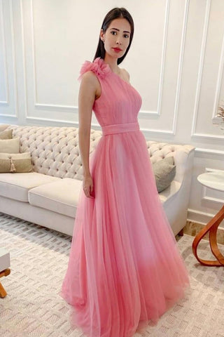 One Shoulder Pink Tulle Long Prom Dress, Floor Length Pink Formal Graduation Evening Dress A1382