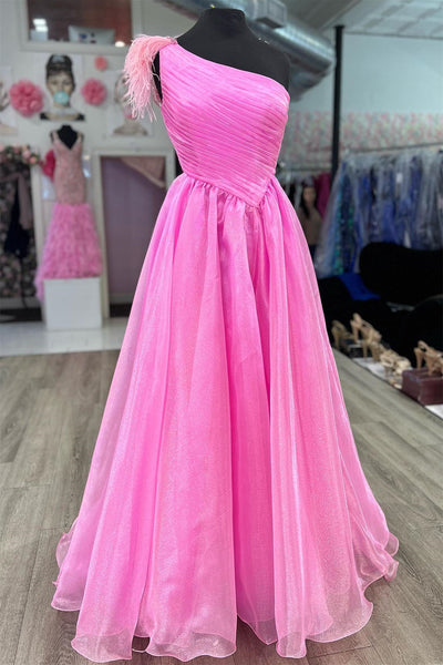 One Shoulder Pink Tulle Long Prom Dress, Pink Formal Dress, Off the Shoulder Evening Dress A1816