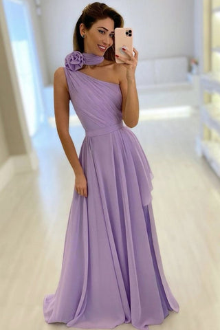One Shoulder Purple Chiffon Long Prom Dress, Purple Formal Graduation Evening Dress A1306