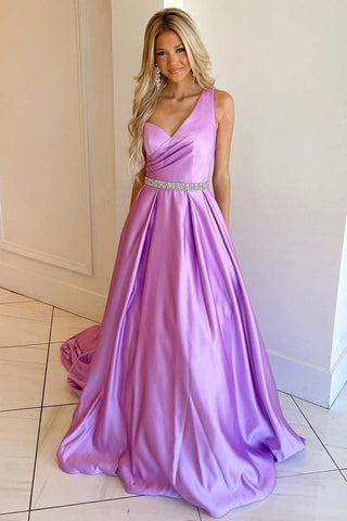 One Shoulder Purple Satin Long Prom Dress with Belt, Long Purple Formal Graduation Evening Dress A1748