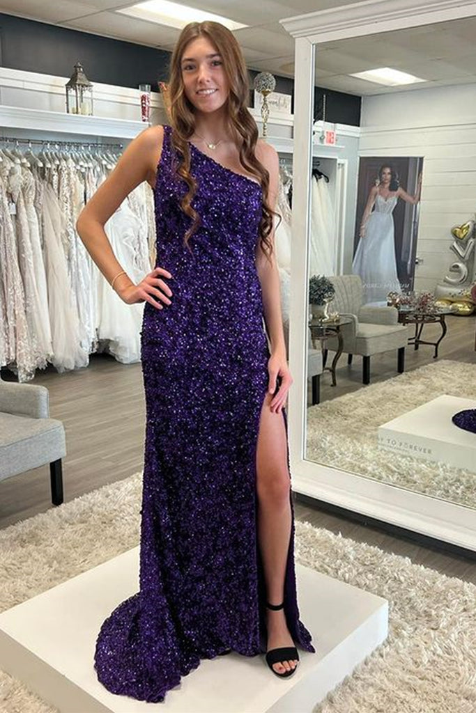 One Shoulder Purple Sequins Mermaid Long Prom Dress with High Slit, Me abcprom One Shoulder Purple Sequins Mermaid Long Prom Dress with High Slit, Me abcprom