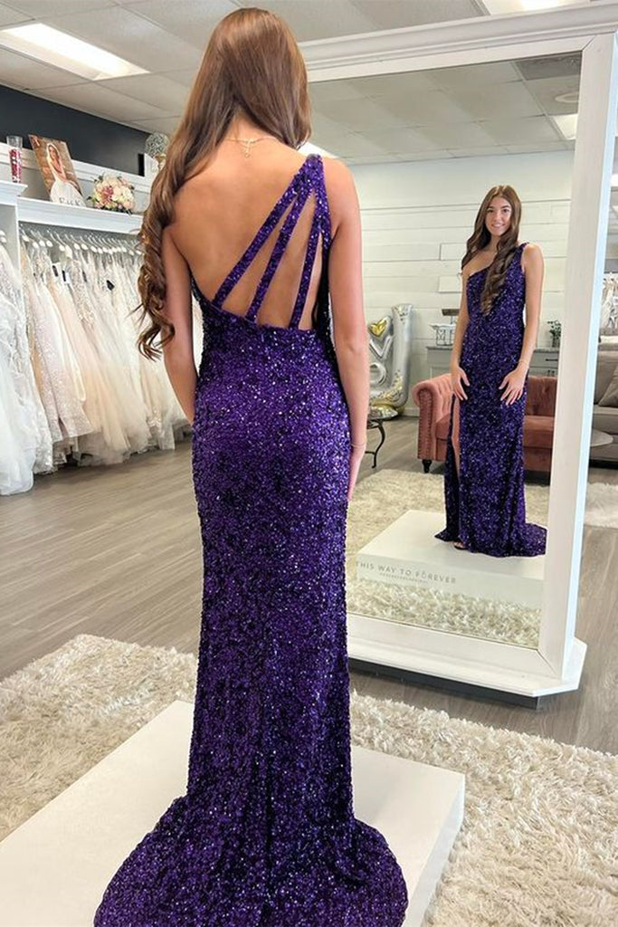 One Shoulder Purple Sequins Mermaid Long Prom Dress with High Slit, Me abcprom One Shoulder Purple Sequins Mermaid Long Prom Dress with High Slit, Me abcprom
