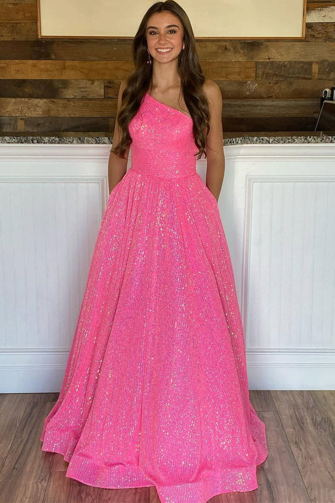 One Shoulder Shiny Sequins Hot Pink/Dark Blue Long Prom Dress, Open Ba abcprom One Shoulder Shiny Sequins Hot Pink/Dark Blue Long Prom Dress, Open Ba abcprom