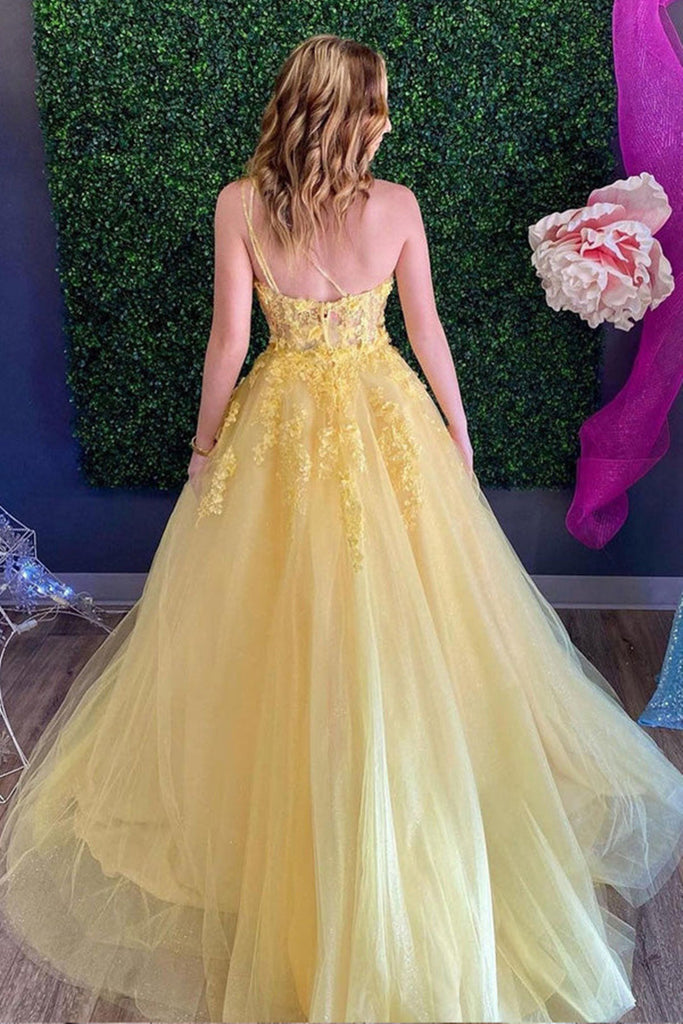 One Shoulder Yellow Lace Floral Long Prom Dress, Open Back Yellow Lace abcprom One Shoulder Yellow Lace Floral Long Prom Dress, Open Back Yellow Lace abcprom