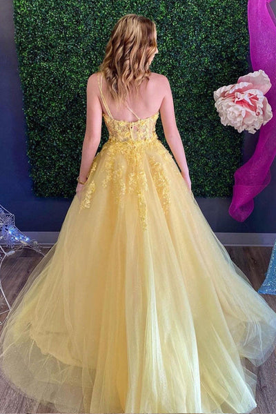 One Shoulder Yellow Lace Floral Long Prom Dress, Open Back Yellow Lace Formal Dress, Yellow Evening Dress A1474