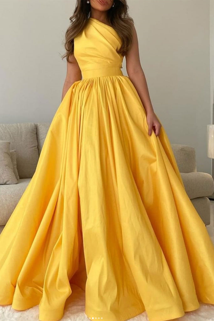 One Shoulder Yellow Satin Long Prom Dress, Long Yellow Formal Graduation Evening Dress A1719