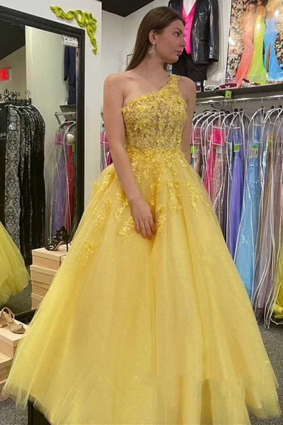One Shoulder Yellow Tulle Lace Floral Long Prom Dress, Yellow Lace Formal Dress, Yellow Evening Dress A1528