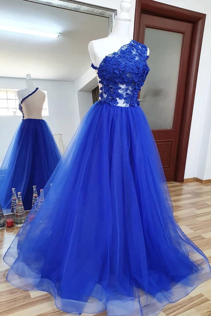 One Shoulder Backless Royal Blue Lace Long Prom Dress, Royal Blue Lace abcprom One Shoulder Backless Royal Blue Lace Long Prom Dress, Royal Blue Lace abcprom