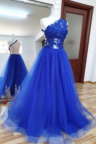 One Shoulder Backless Royal Blue Lace Long Prom Dress, Royal Blue Lace Formal Dress, Backless Royal Blue Evening Dress