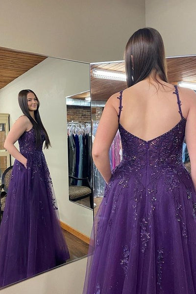Open Back Beaded Purple Lace Floral Long Prom Dresses with High Slit, Purple Lace Formal Evening Dresses A1866