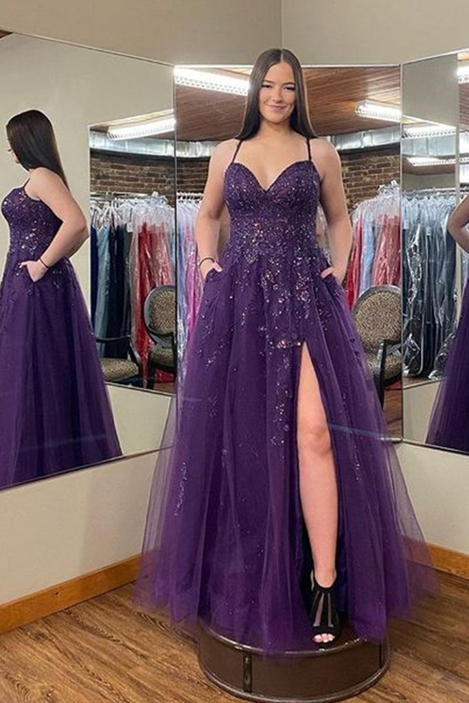 Open Back Beaded Purple Lace Floral Long Prom Dresses with High Slit, Purple Lace Formal Evening Dresses A1866