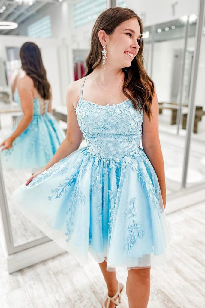 Open Back Blue Lace Short Prom Dresses, Blue Lace Homecoming Dresses, Blue Formal Dresses A1379
